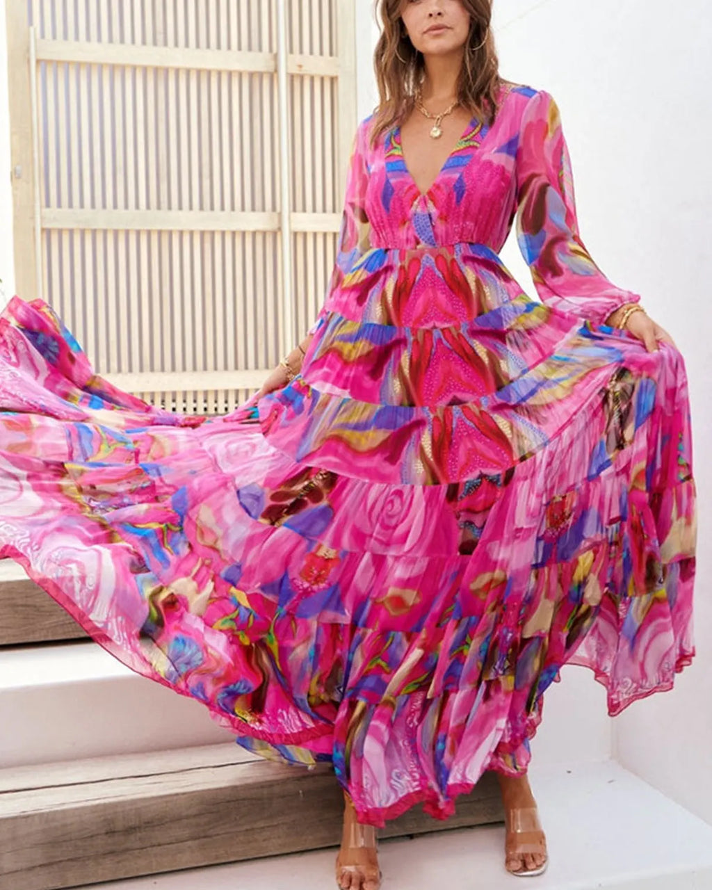 PINK ROSE V NECK SHIRRED MAXI DRESS