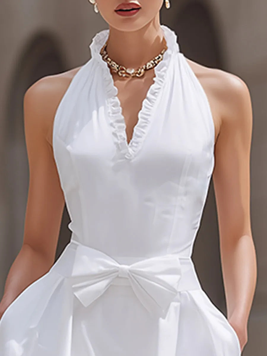 Halter Ruffle Neck Bow Waist Sleeveless A-Line Maxi Dress