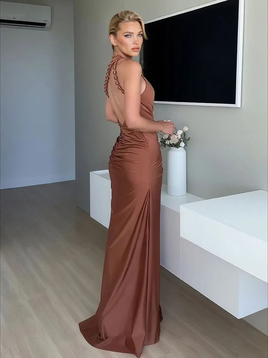 Sexy One-Shoulder Ruched Keyhole Maxi Dress