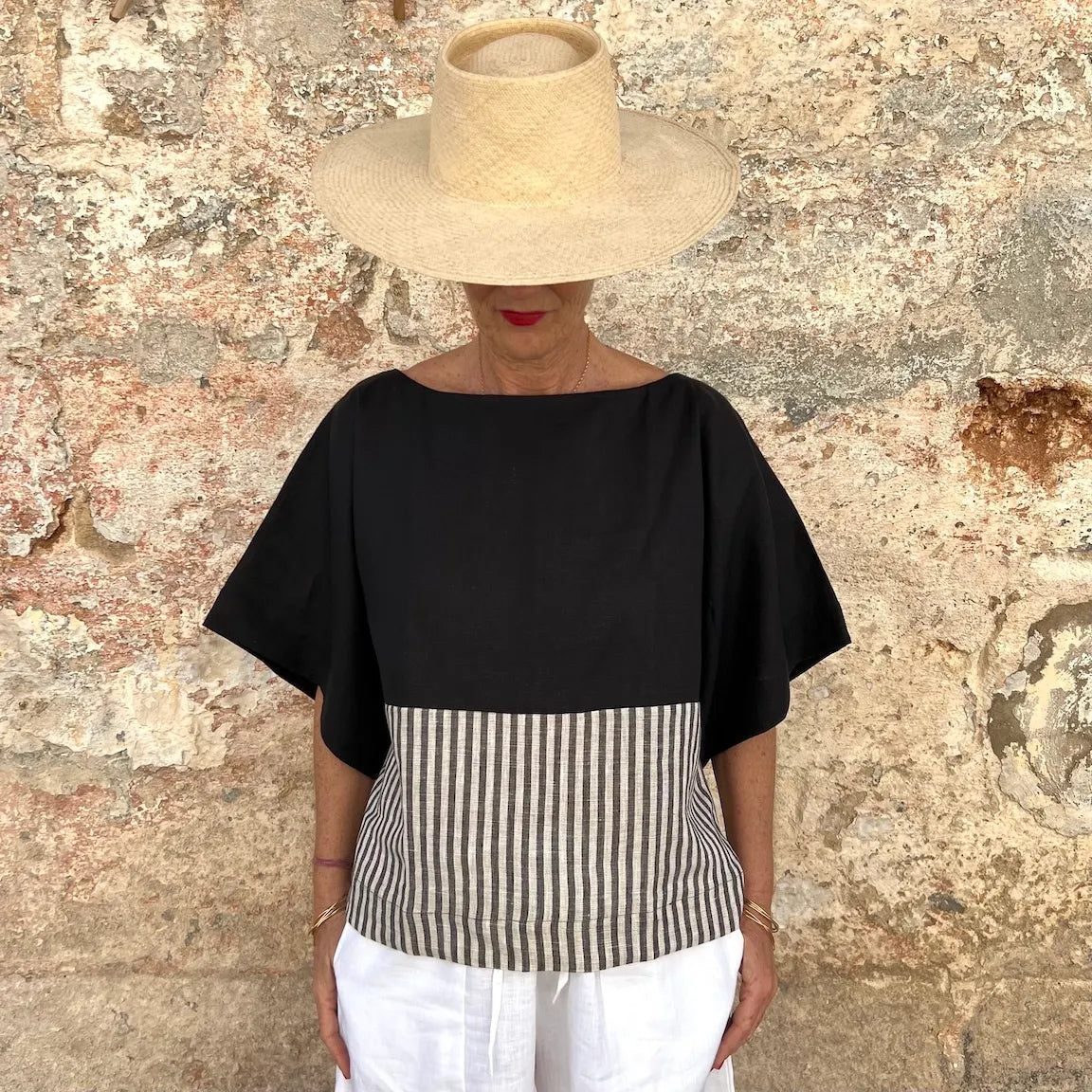 Jill Top New - French Bateau Neck Color-Blocked Striped Linen Blouse | Dadihouse