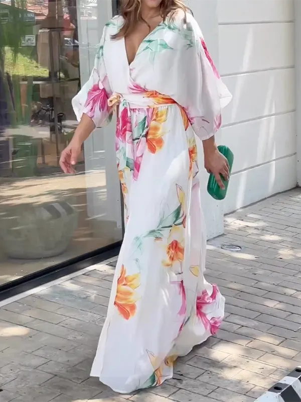 Floral Printed Loose Short Sleeves V-Neck Maxi Dresses