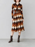 Women's Elegant Vintage Brown Argyle-Jacquard Polo-Collar Long-Sleeve Belted Knit Midi Dress MDZ2788G6CMX