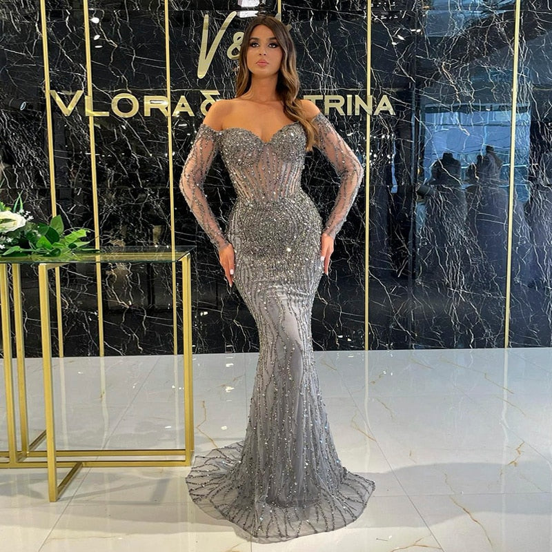 Dreamy Vow Luxury Dubai Gray Mermaid Evening Dress Elegant Off Shoulder Gold Prom Formal Dresses for Women Wedding Party 357