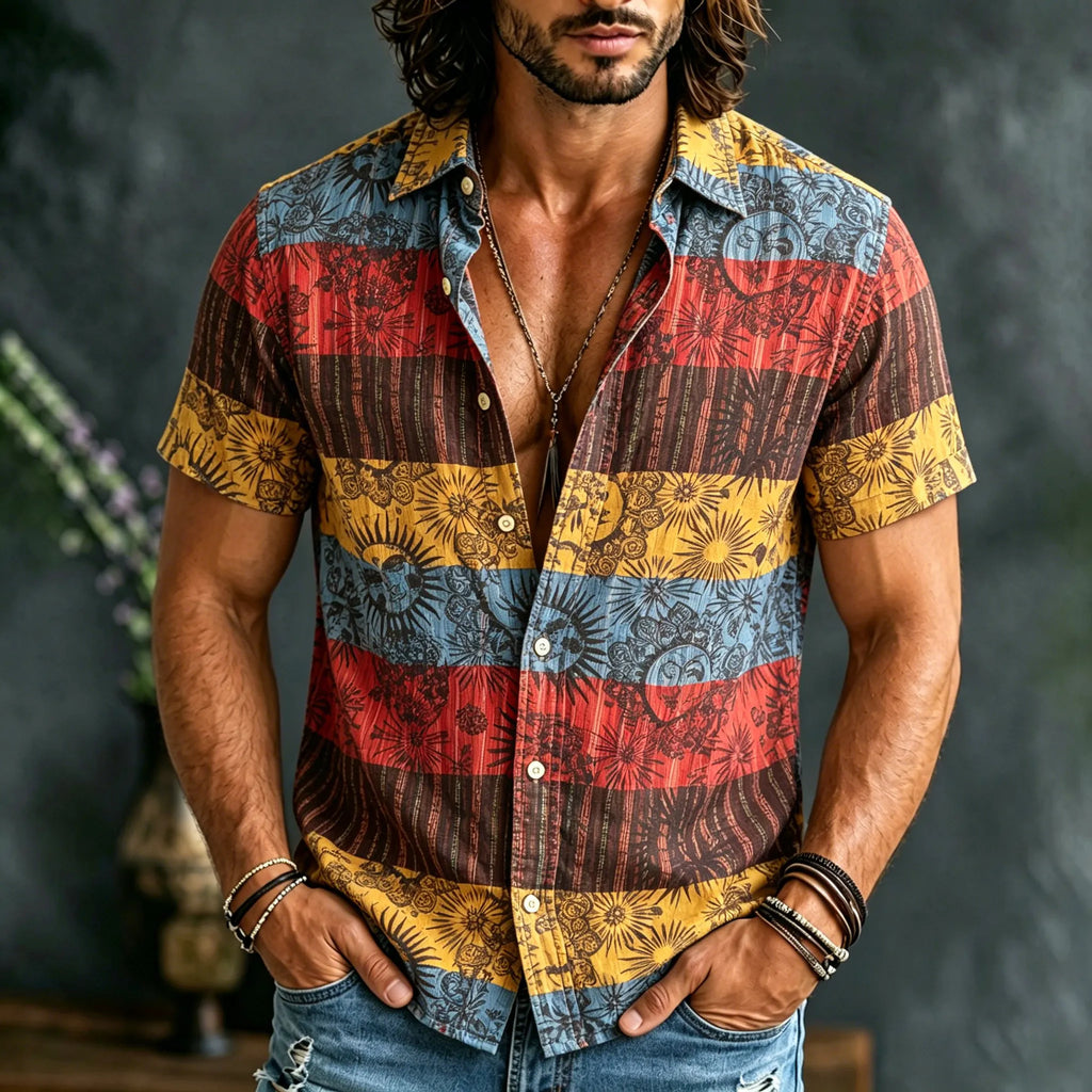 Men's Casual Retro Sun And Moon Striped Print Short-sleeve Shirt