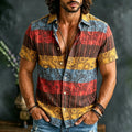 Men's Casual Retro Sun And Moon Striped Print Short-sleeve Shirt