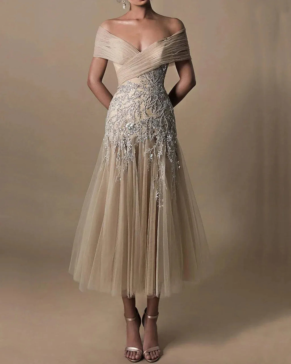 Embroidered Off Shoulder Tulle Dress