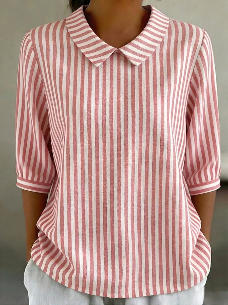 Retro Peter Pan Collar Striped Cotton-linen Shirt