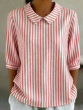 Retro Peter Pan Collar Striped Cotton-linen Shirt