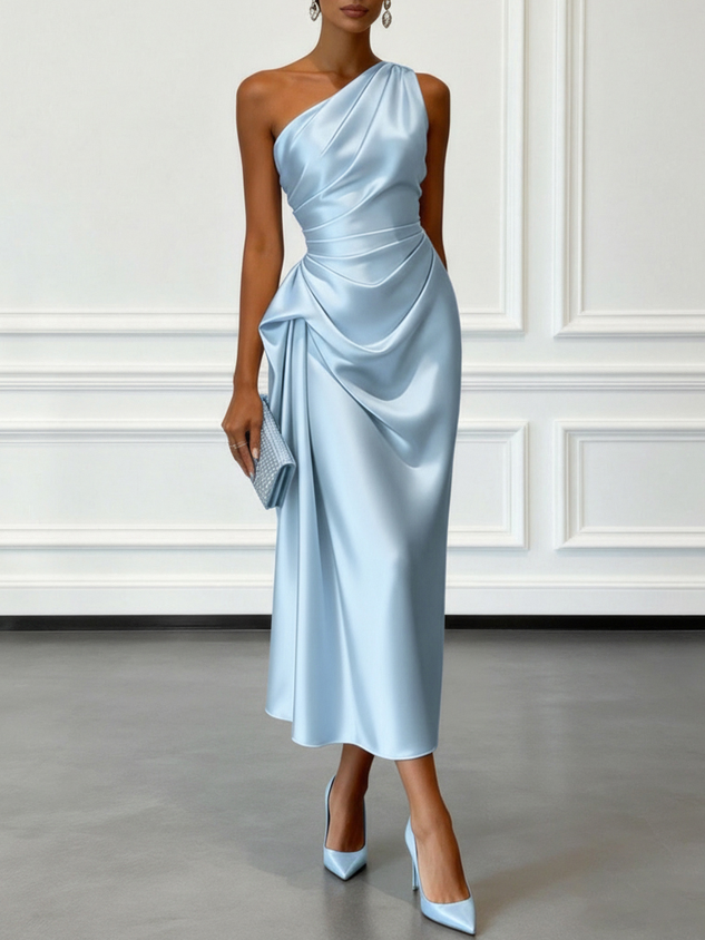 Red Ruched Satin One Shoulder Sleeveless Sheath Midi Dress
