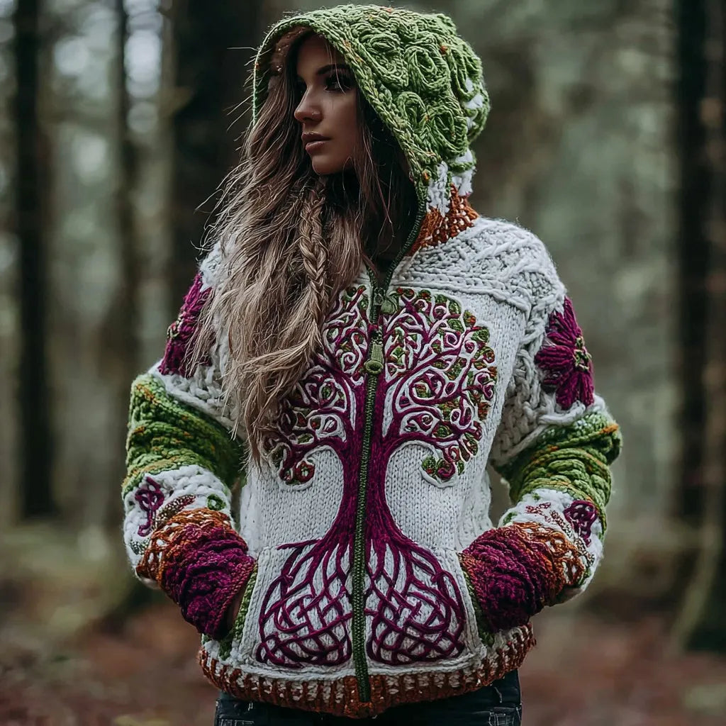 Women's Vintage Viking Celtic Knot Tree Of Life Art Knitted Warm Zip Hooded Sweater