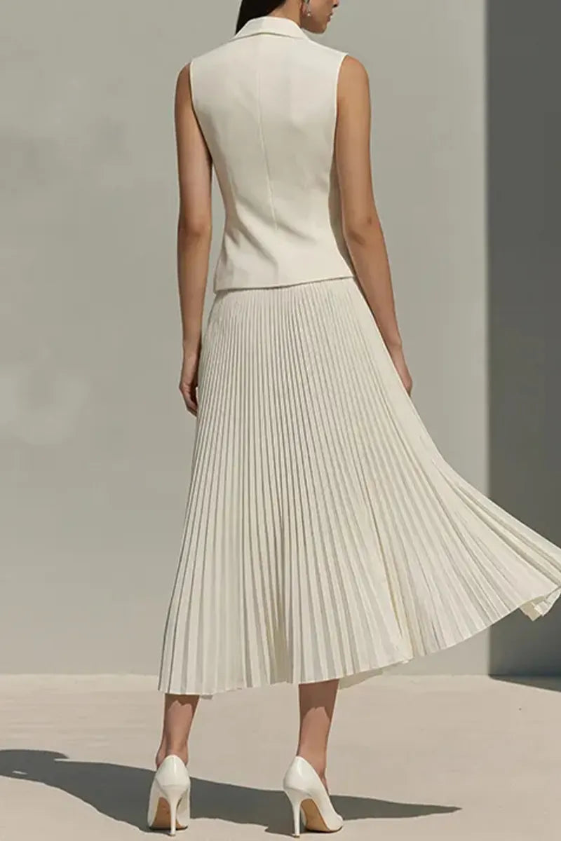 Women Collar Sleeveless Top+ Pleated Skirt Elegant Temperament Commuting Set