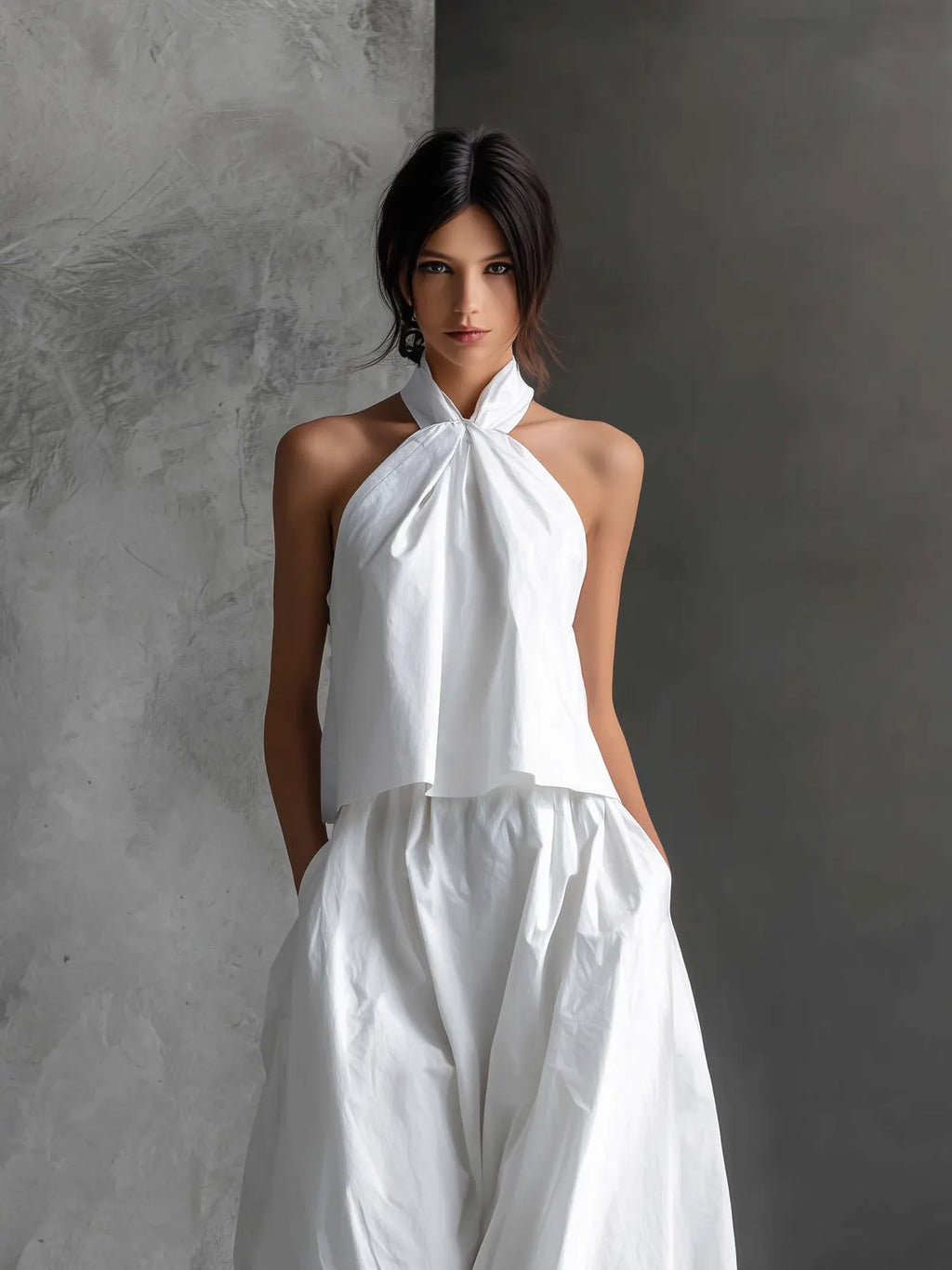 Women's Casual White Cotton And Linen Halter-neck Sleeveless Top And Skirt Set MDZ1269A6AN