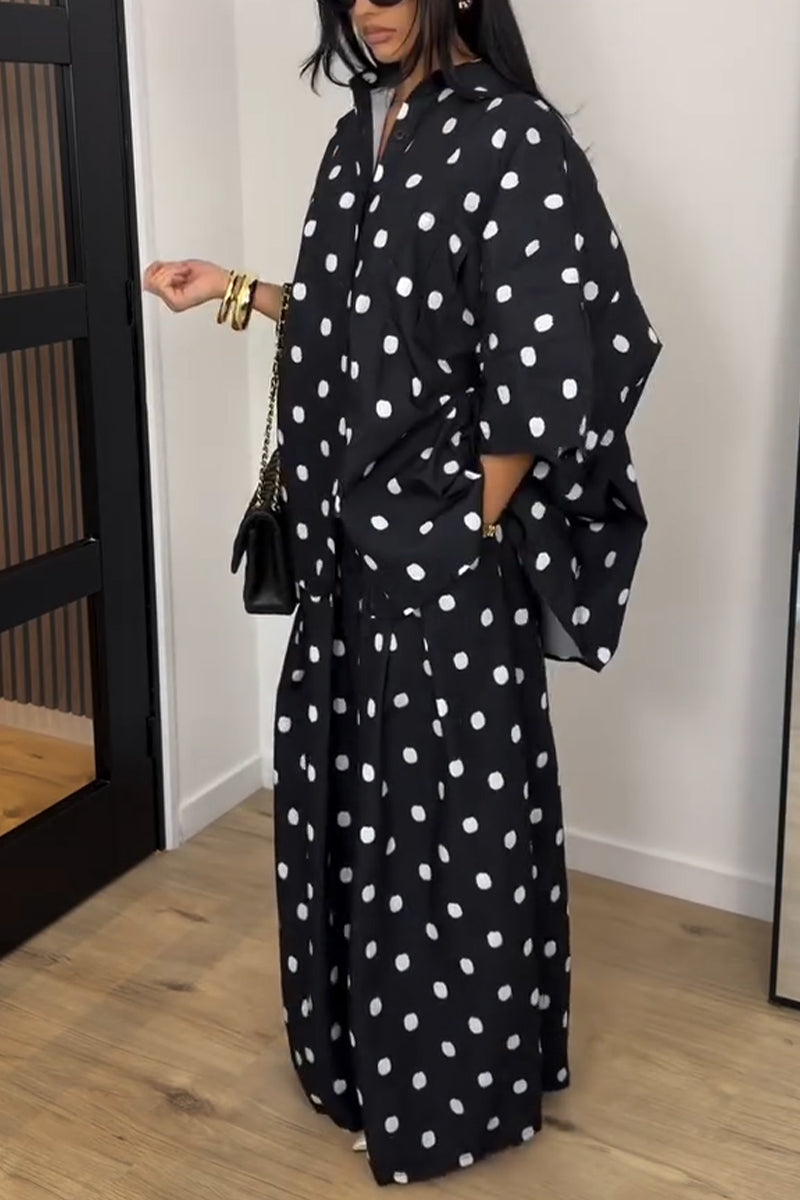 Women Collar Polka Dot Top+ Wide Leg Pants Loose Casual Suit