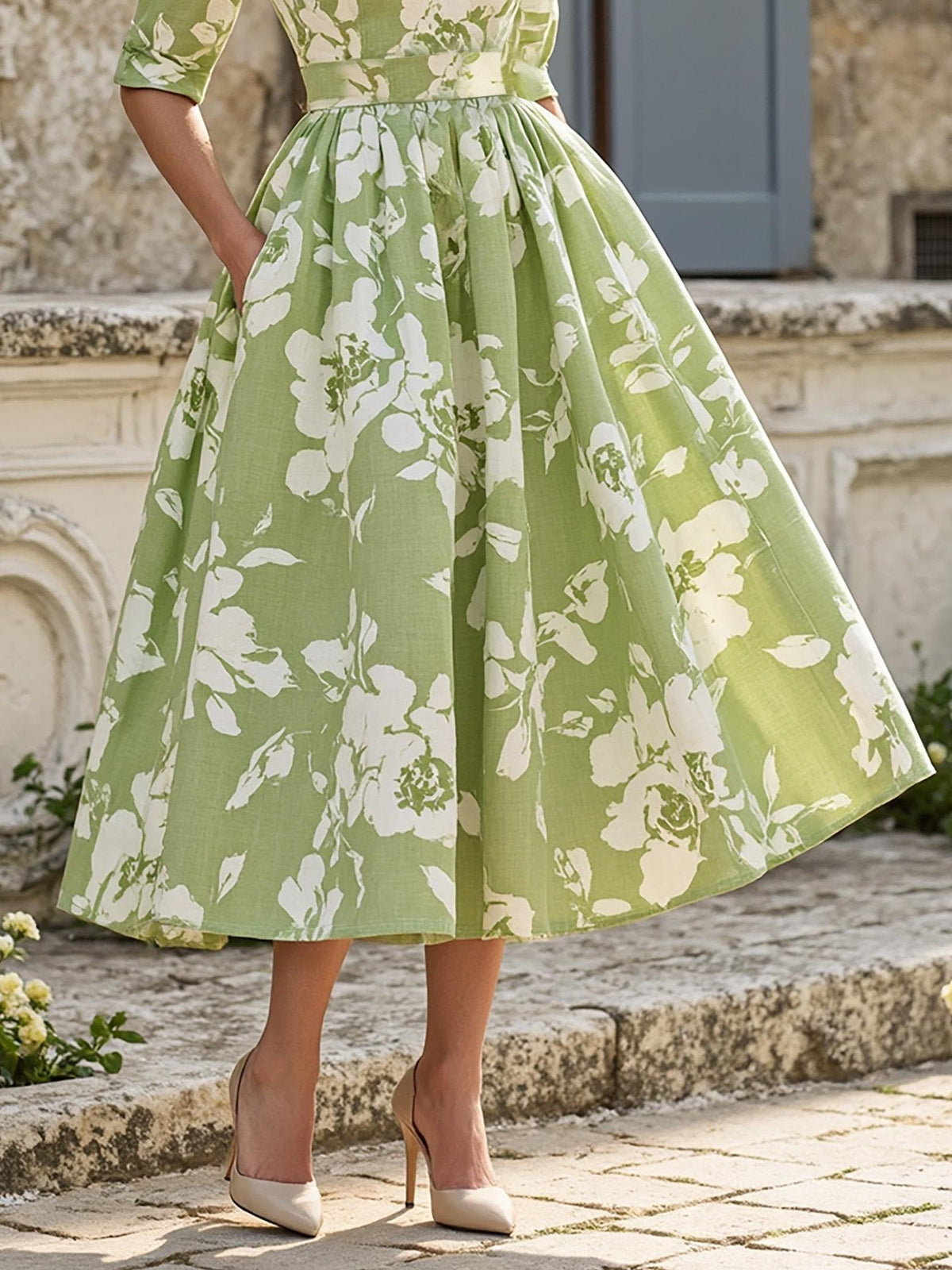 Midi Linen Dress , Half Sleeve, V Neck, Floral, Pocket Design, Vintage, Green