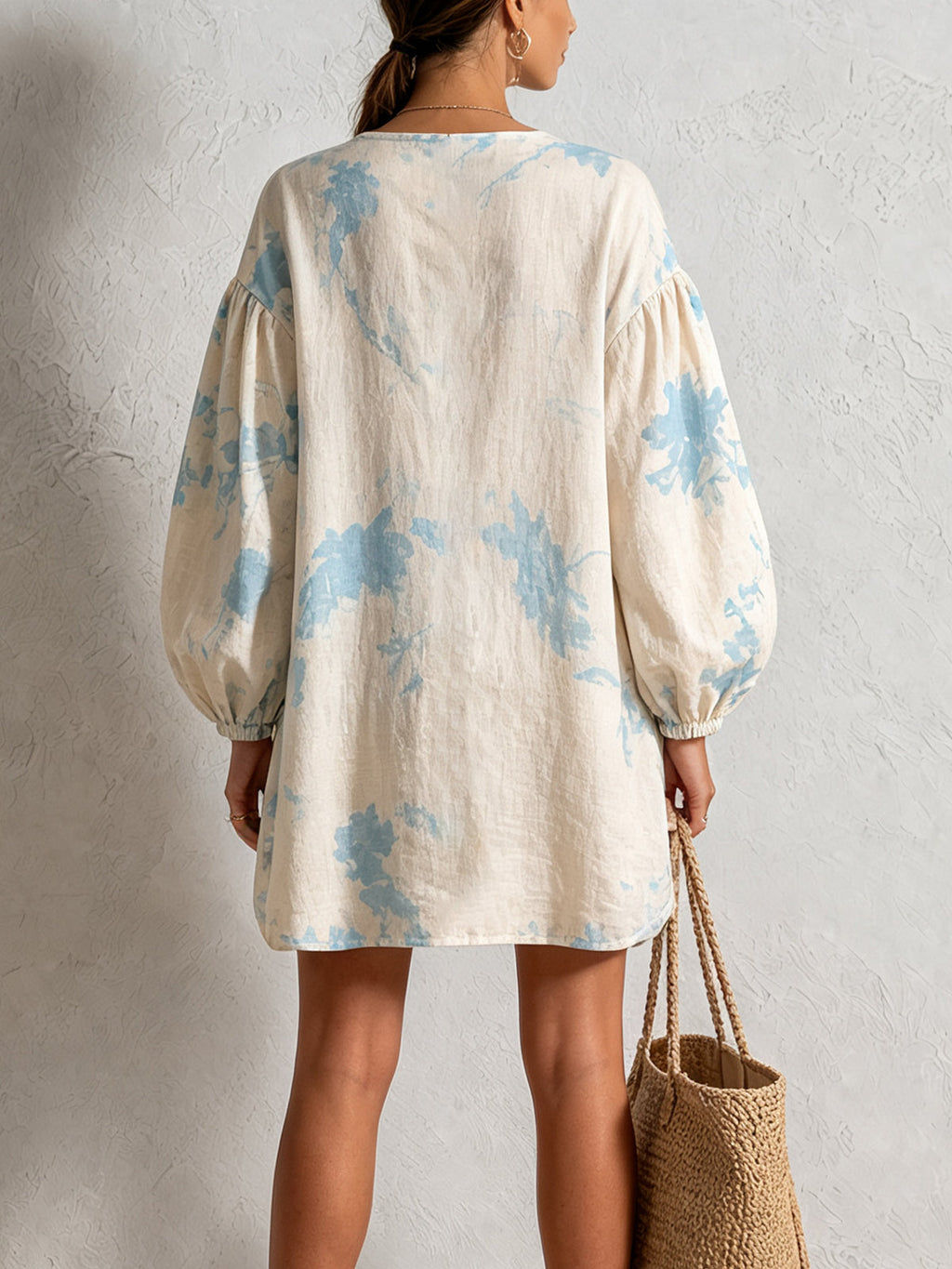 Women's Floral Print V-Neck Lantern Sleeve Button Down Mini Dress
