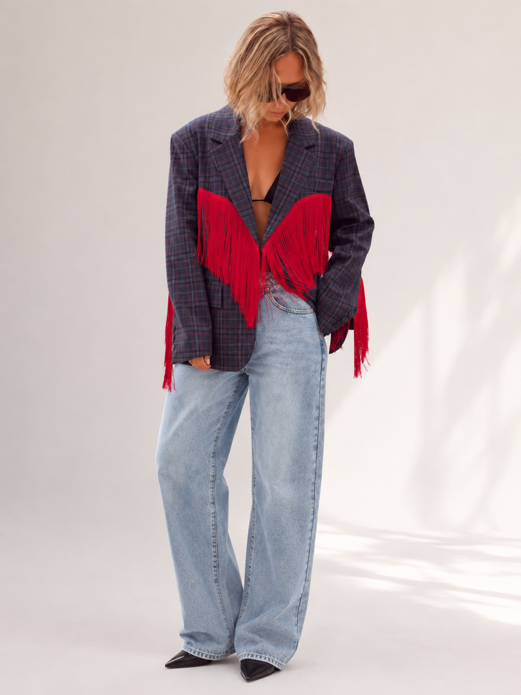 Western Red Fringe Plaid Oversized Blazer Jacket