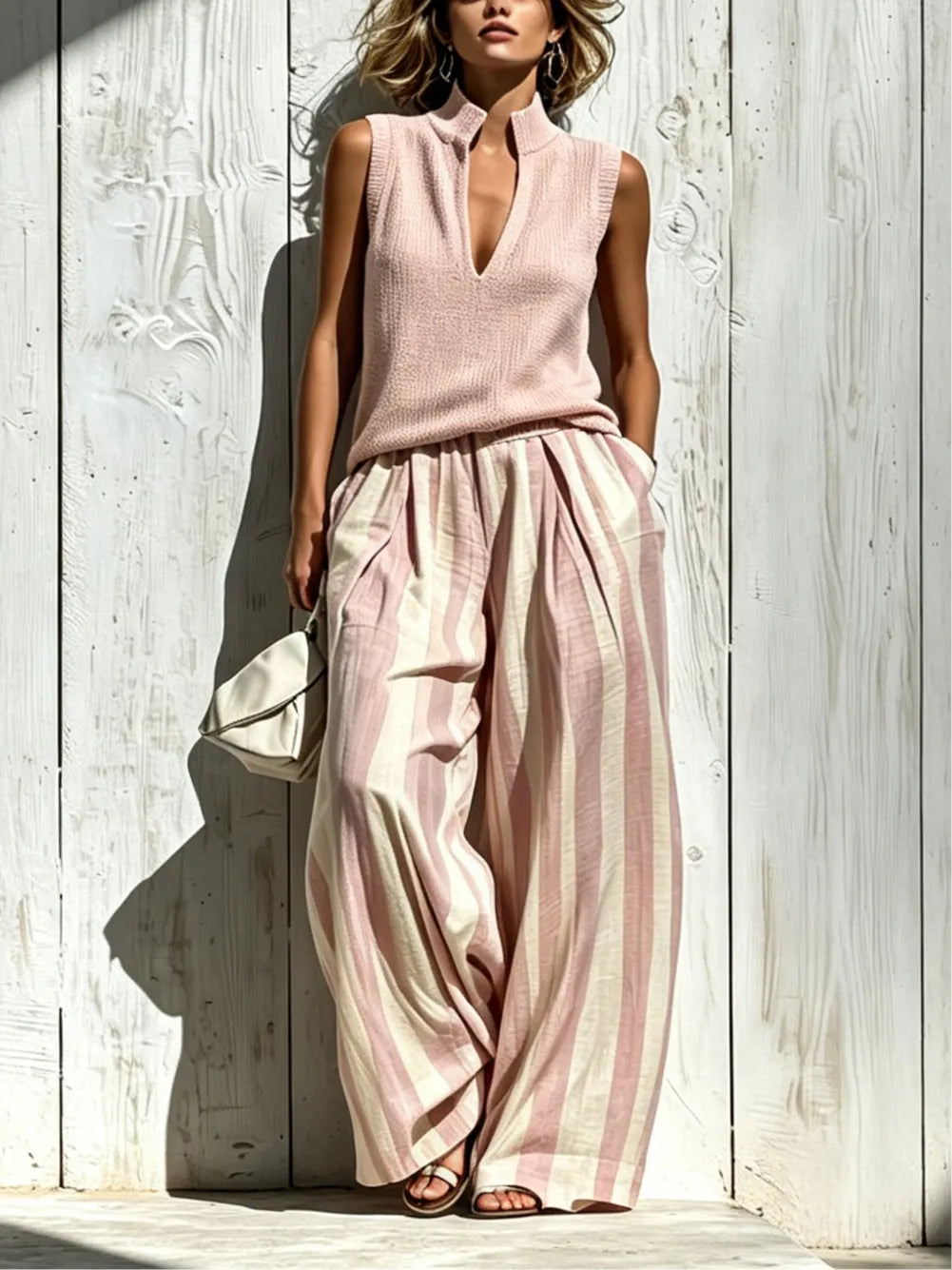 Pink Casual sleeveless top and loose striped trousers set