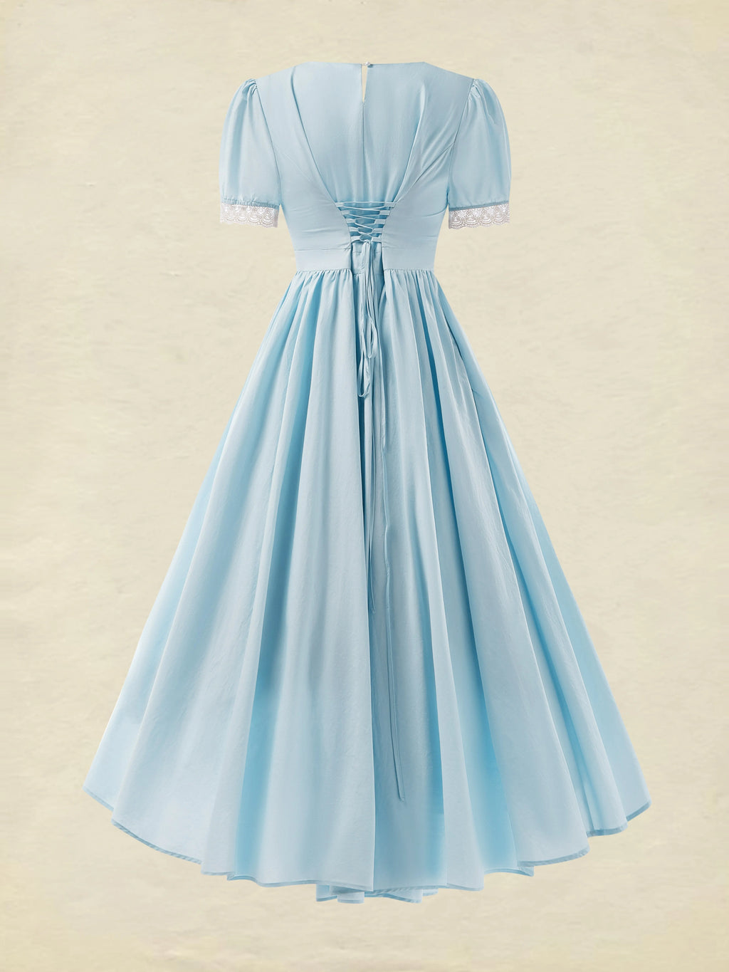 Cotton Maxi Dress, Vintage, Plain, Summer, Lace Collar, Short Sleeve, Blue
