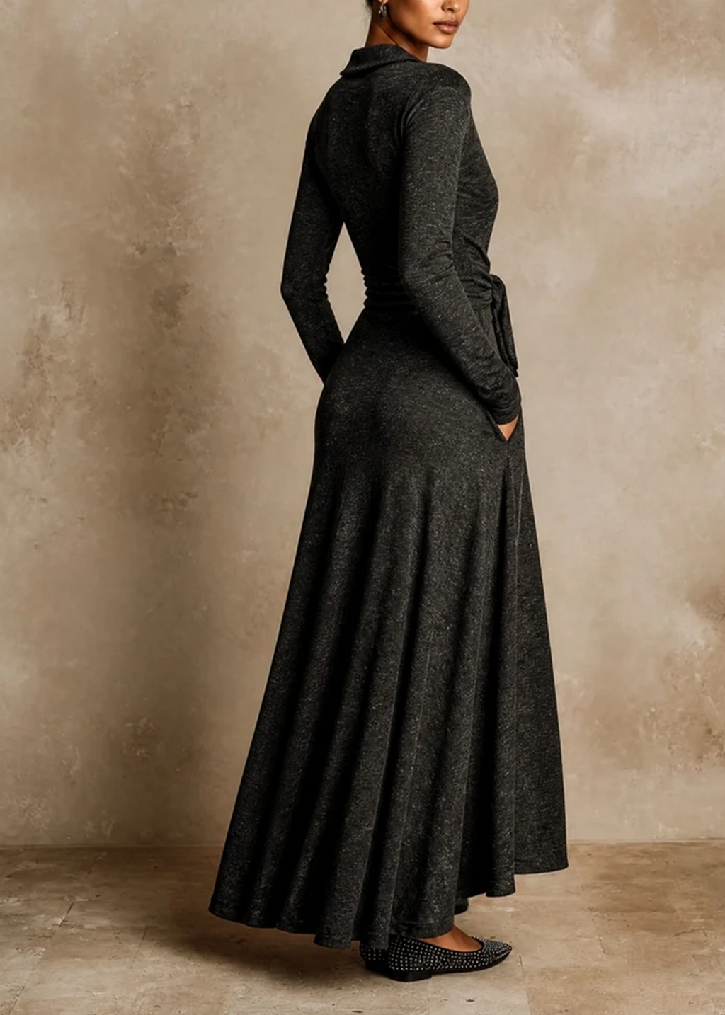 Dark grey Long Sleeve Tie‑Waist Elegant Maxi Dress