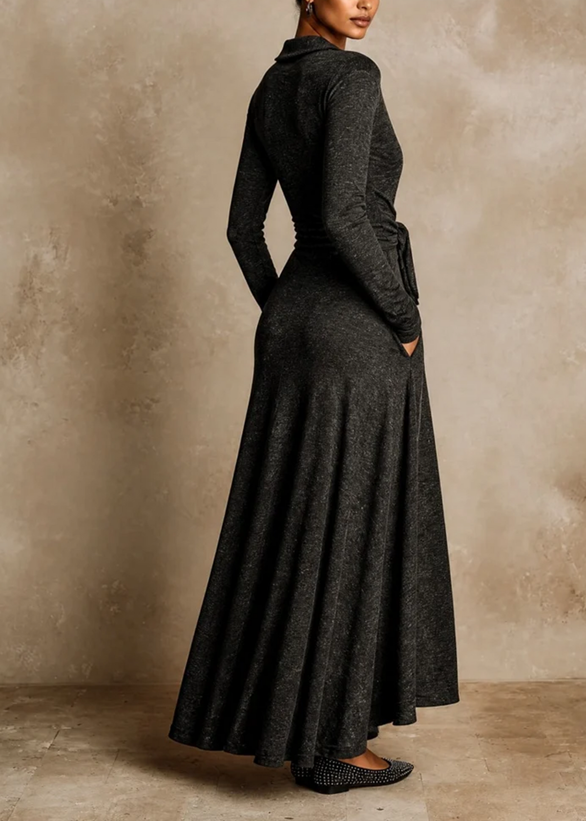 Dark grey Long Sleeve Tie‑Waist Elegant Maxi Dress