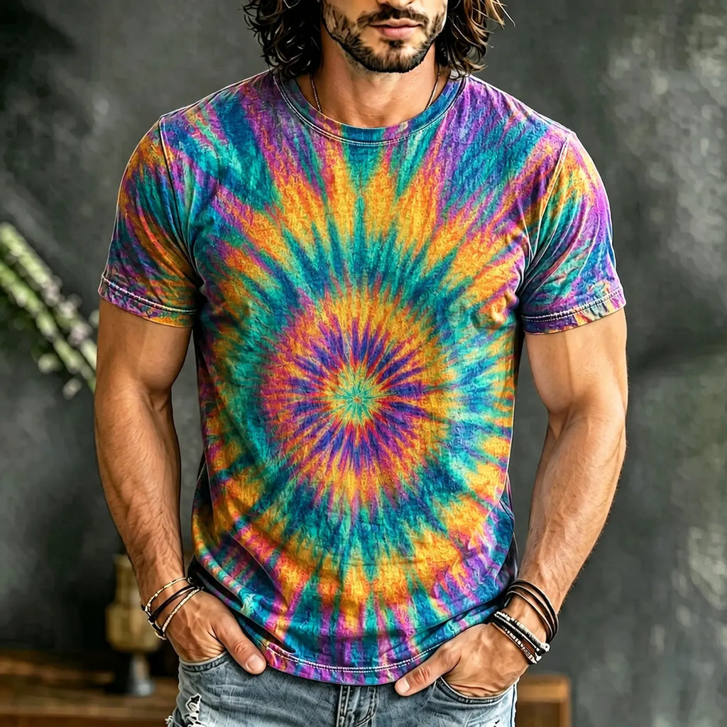 Men's Retro Hippie Tie-dye Art Print Crew Neck Short Sleeve T-shirt