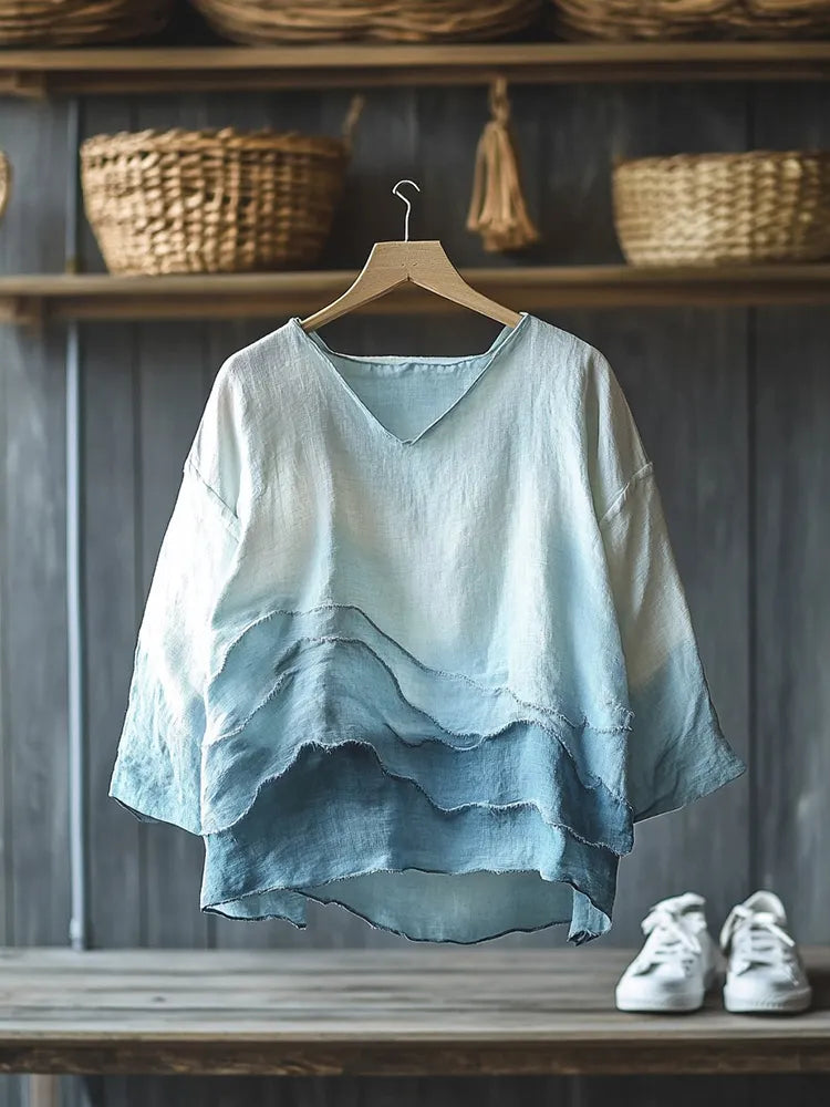 Vintage Gradient Waves Inspired Embroidery Japanese Art Linen Blend Cozy Tunic