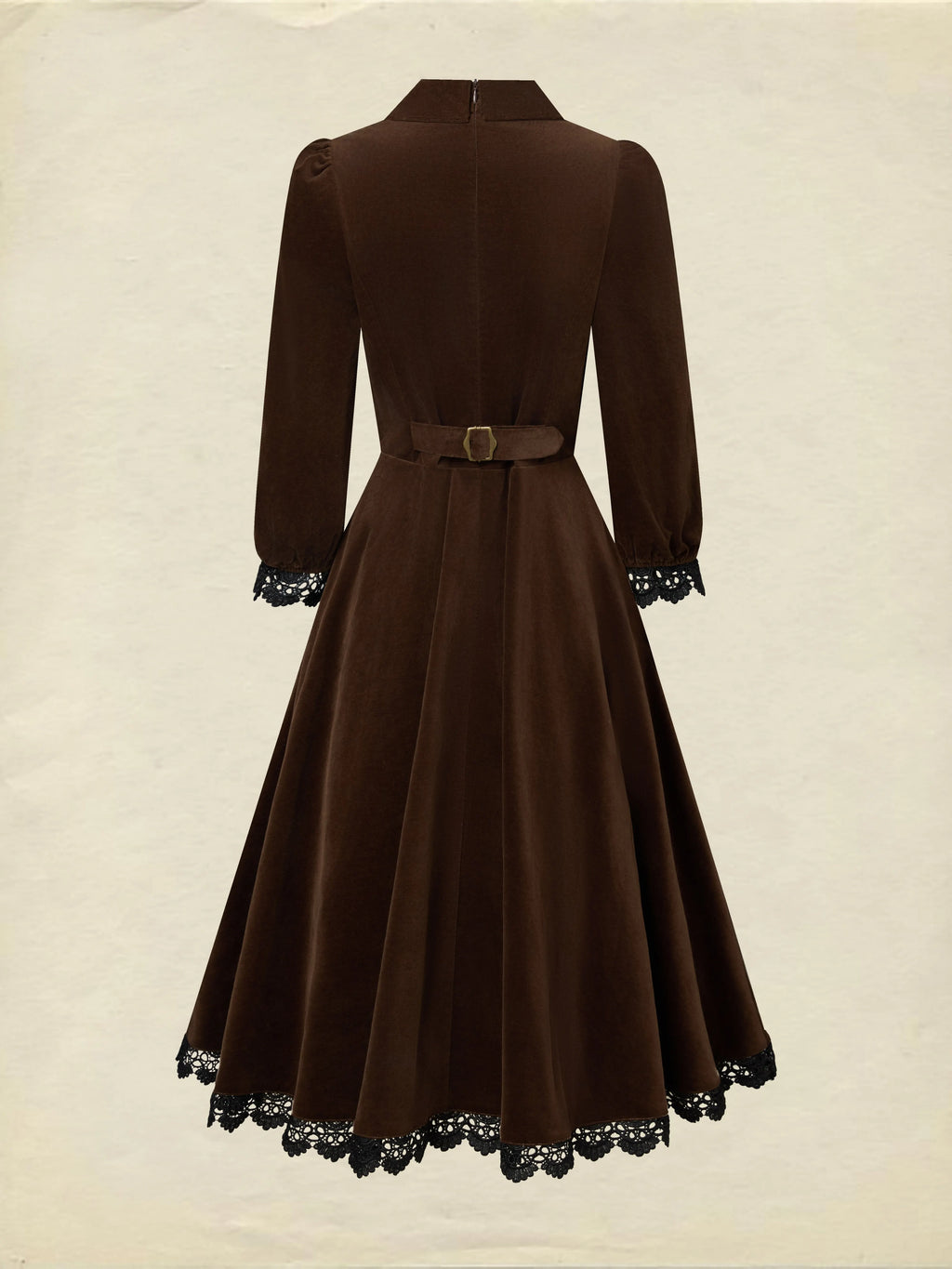 Midi Cotton Dress, Half Sleeve, Lapel Collar, Plain, Lace, Vintage, Coffee