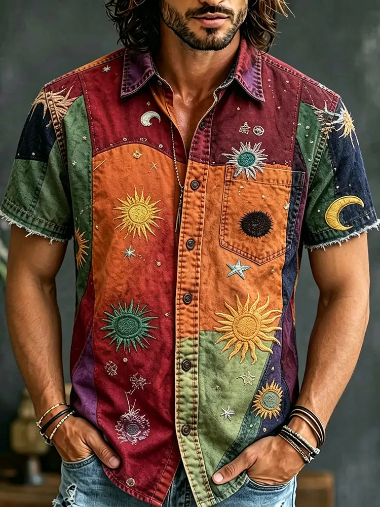 Men's Retro Hippie Patchwork Short-sleeve Shirt
