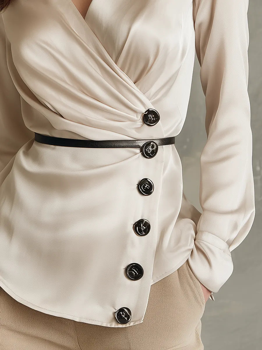 Elegant Ivory Wrap Button Blouse
