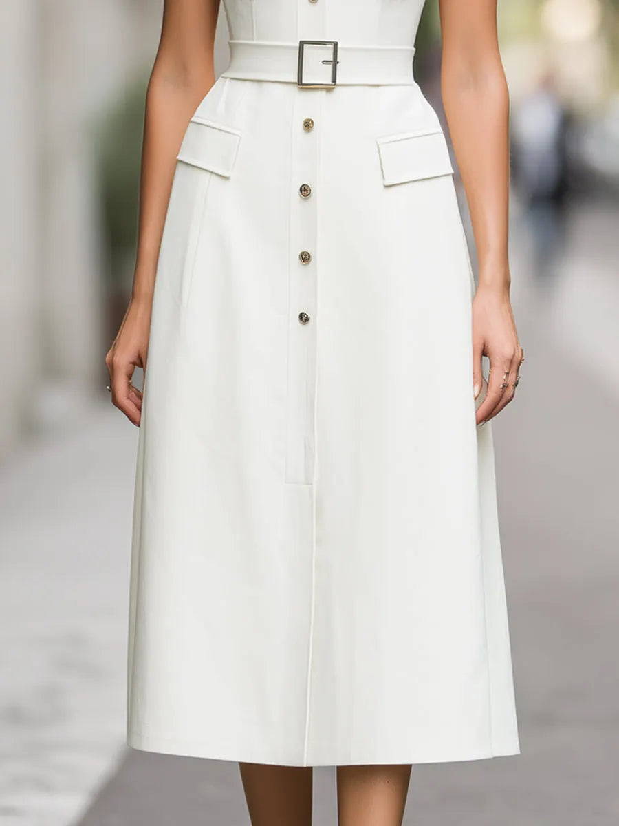 Sleeveless Button-Front Belted A-Line Midi Dress