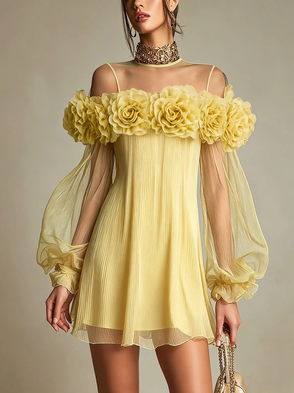 24-Hour-Shipping Yellow 3D Floral Pleated Chiffon Mini Dress
