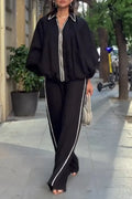 Women Collar Hot Diamond Jacket+ Wide Leg Pants Casual Set