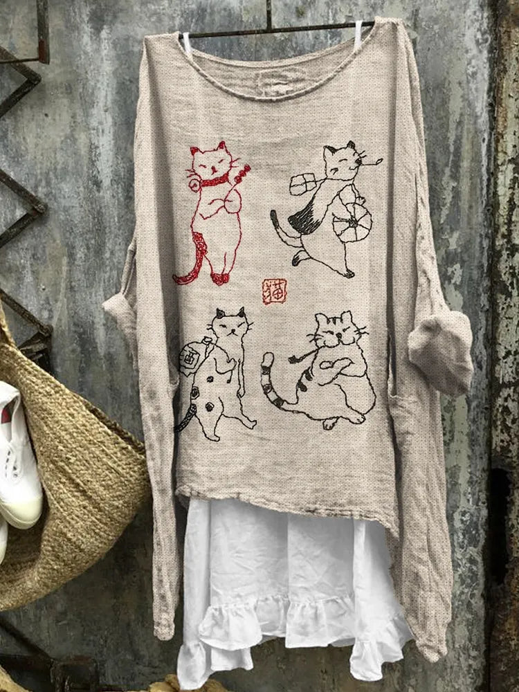 Funny Cat Japanese Art Embroidered Linen Blend Tunic