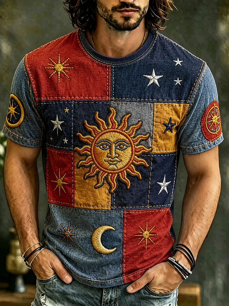 Men's Retro Hippie Sun Embroidered Patchwork Art Print Crew Neck Short Sleeve T-shirt