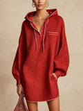 Red Hooded Mini Dress With White Piping And Long Sleeves