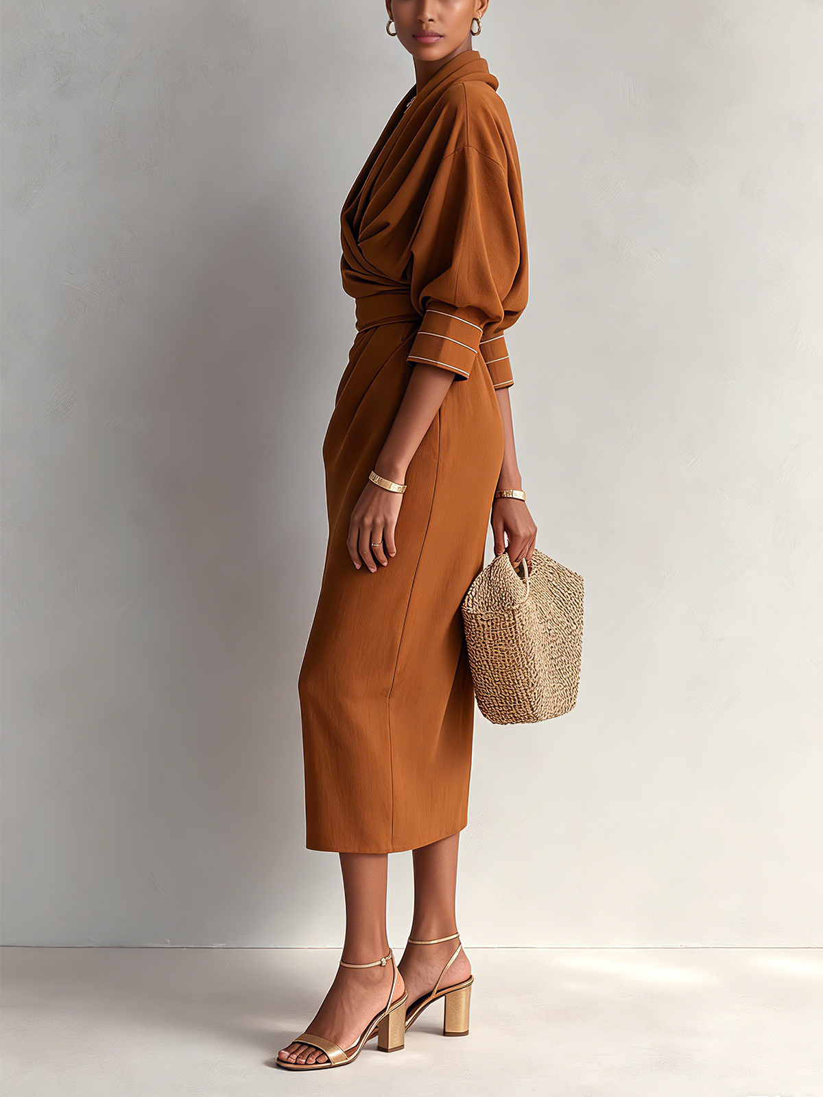 Rust Brown Draped V-Neck Midi Dress