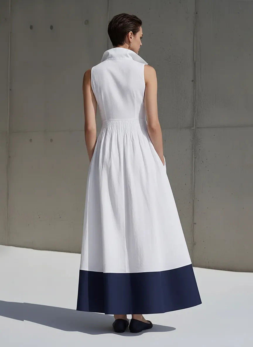 Women's White & Navy Linen-Blend Midi Dress With Collared Neck & Smocked Waist, Timeless Nautical-Chic Style Dress MDZ2071D1LYL