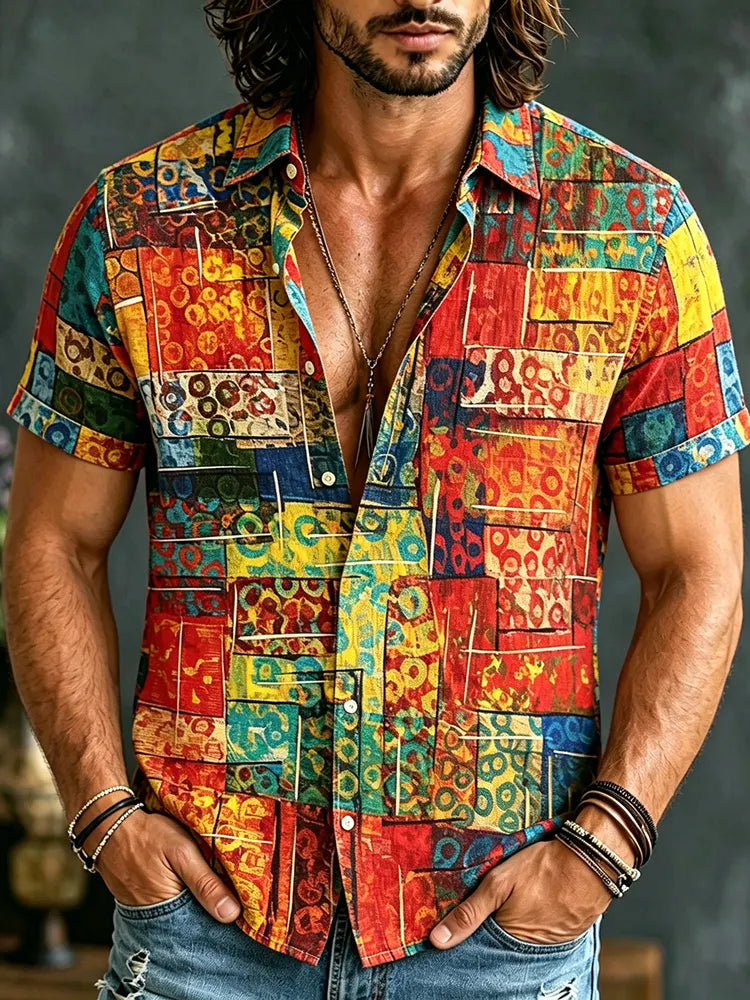 Men's Retro Color Block Ethnic Print Cotton Linen Shirt