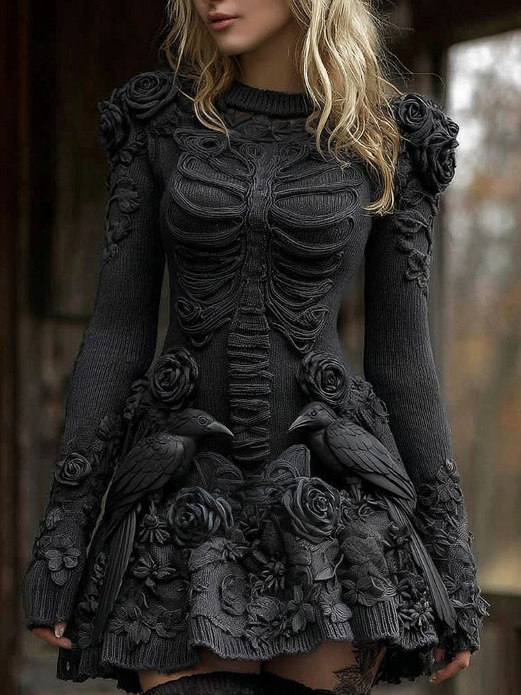Women's Halloween Skeleton With Rose And Raven Art Knit Mini Sweater Dress
