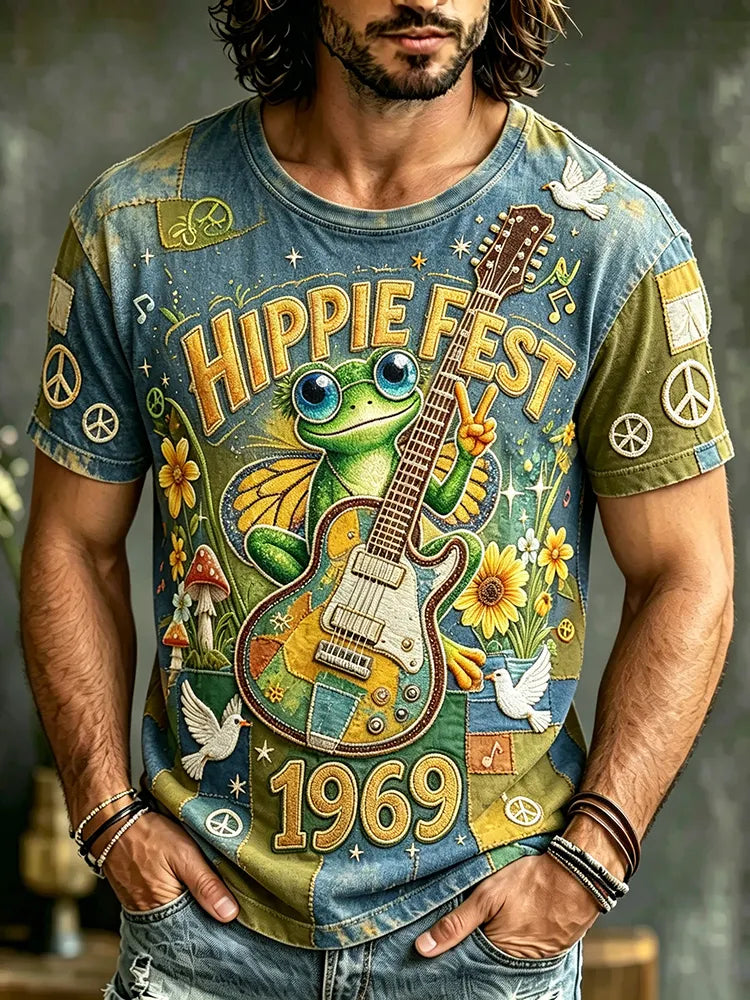 Men's Retro Hippie Peace Symbol Frog Guitar Patchwork Print T-shirt