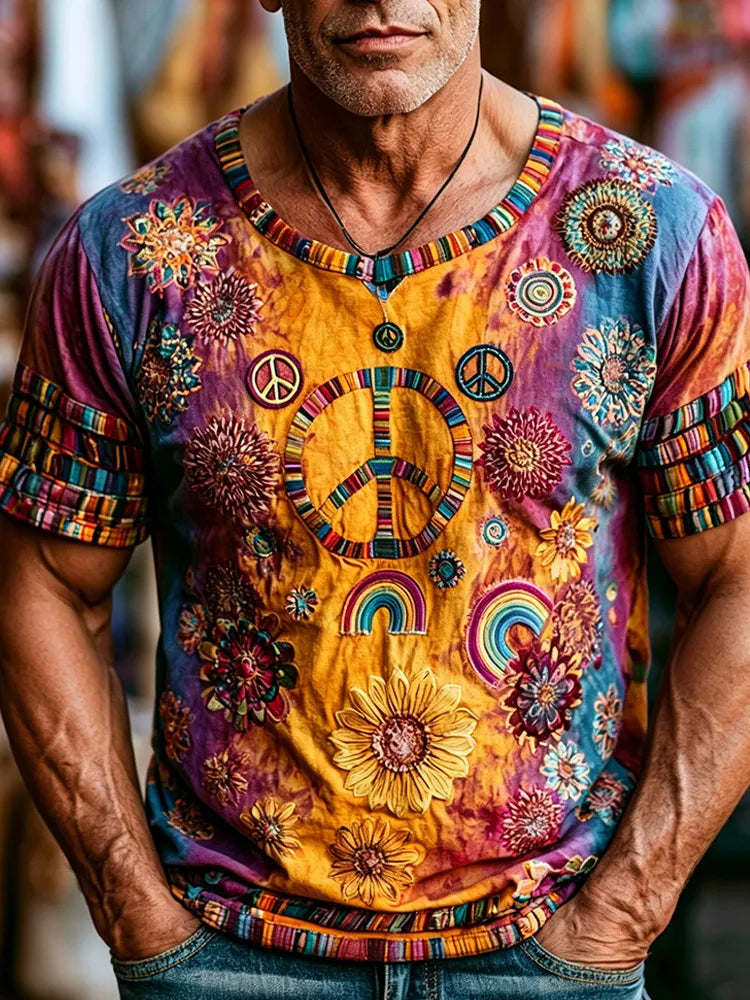 Men's Hippie Peace Symbol And Floral Embroidery Art Distressed Gradient Embroidery Crew Neck Short Sleeve Top