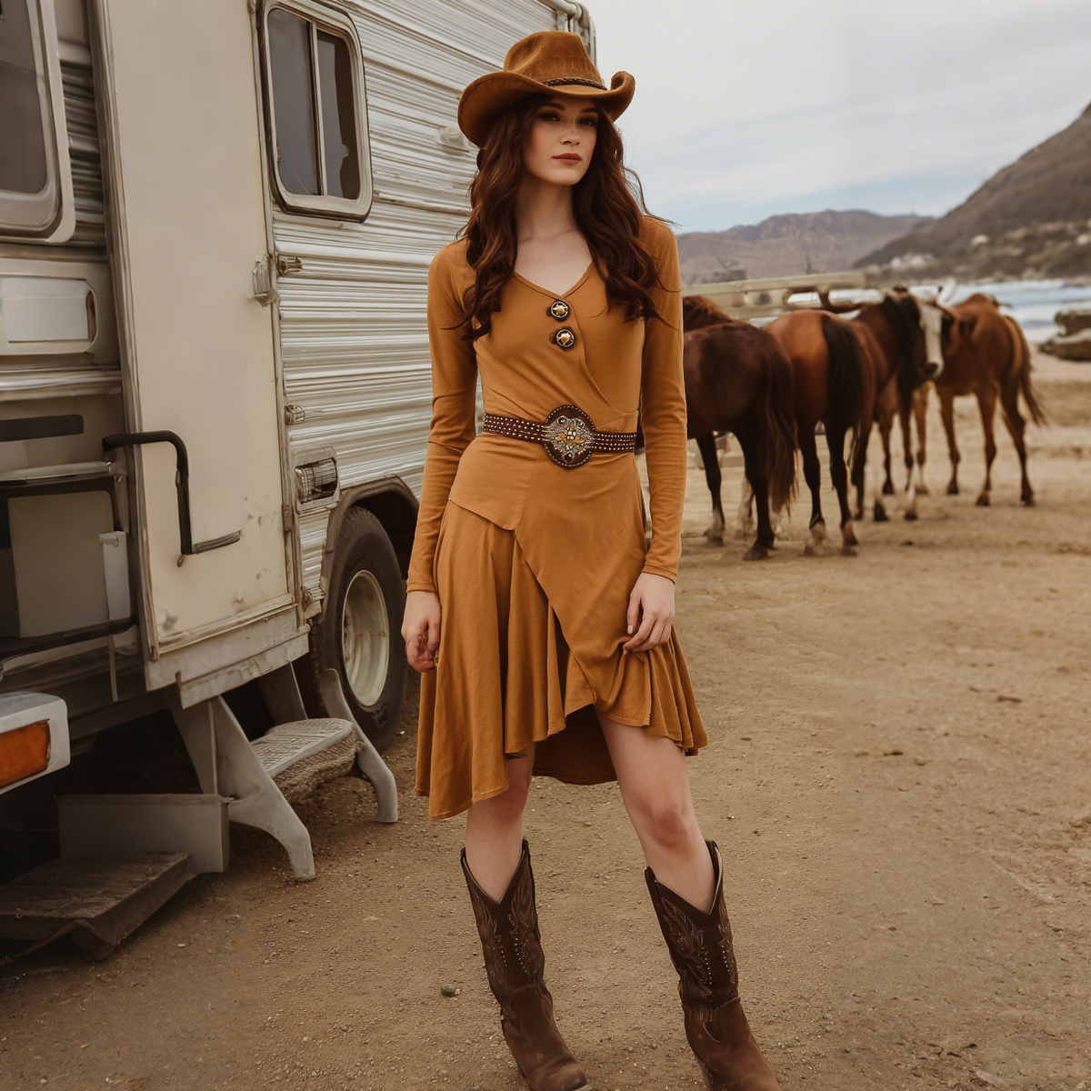 Women's Retro Western Style V-Neck Long Sleeve Dress