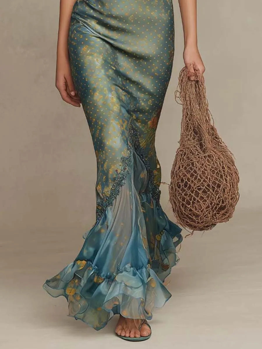 Bohemian Lace-Trimmed Satin Mermaid Maxi Dress