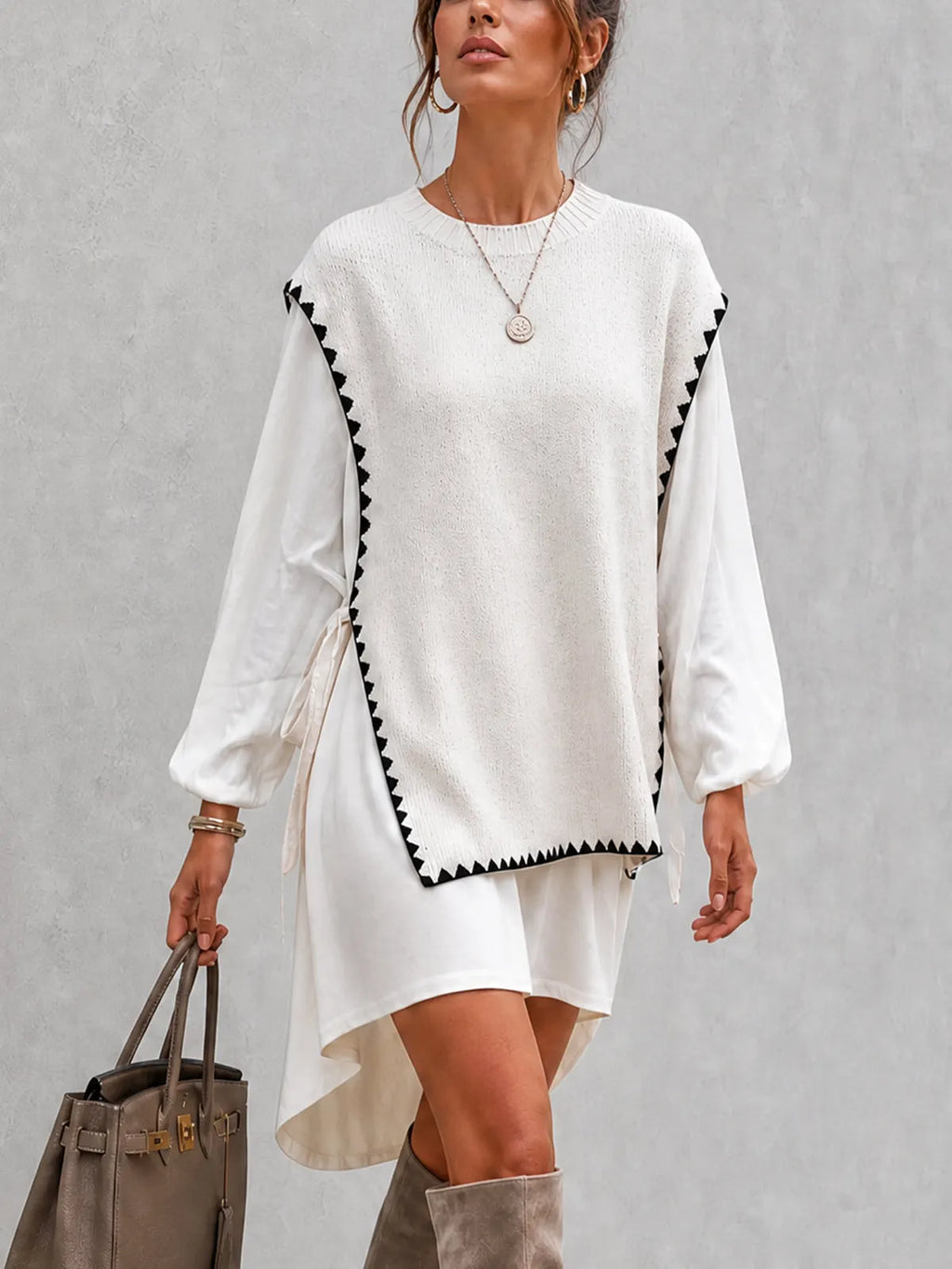 Ivory Contrast Trim Layered Knit Mini Dress Set