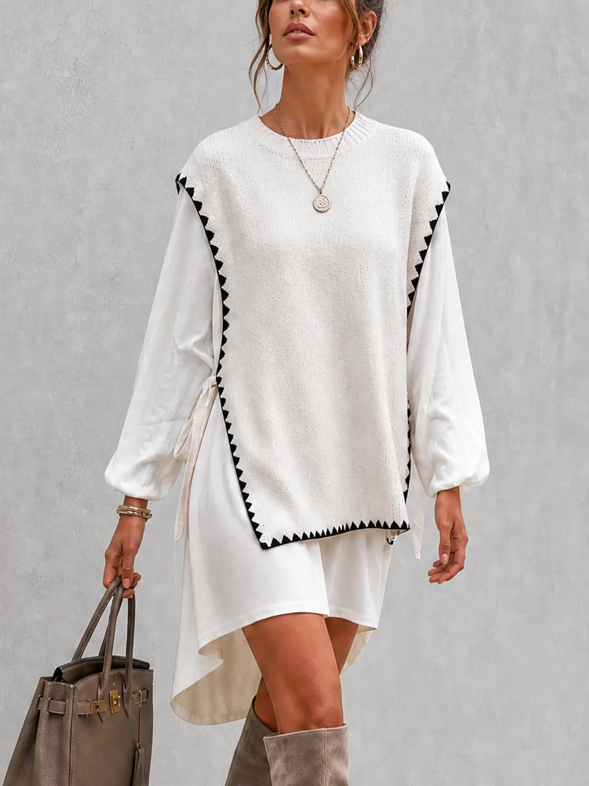 Ivory Contrast Trim Layered Knit Mini Dress Set
