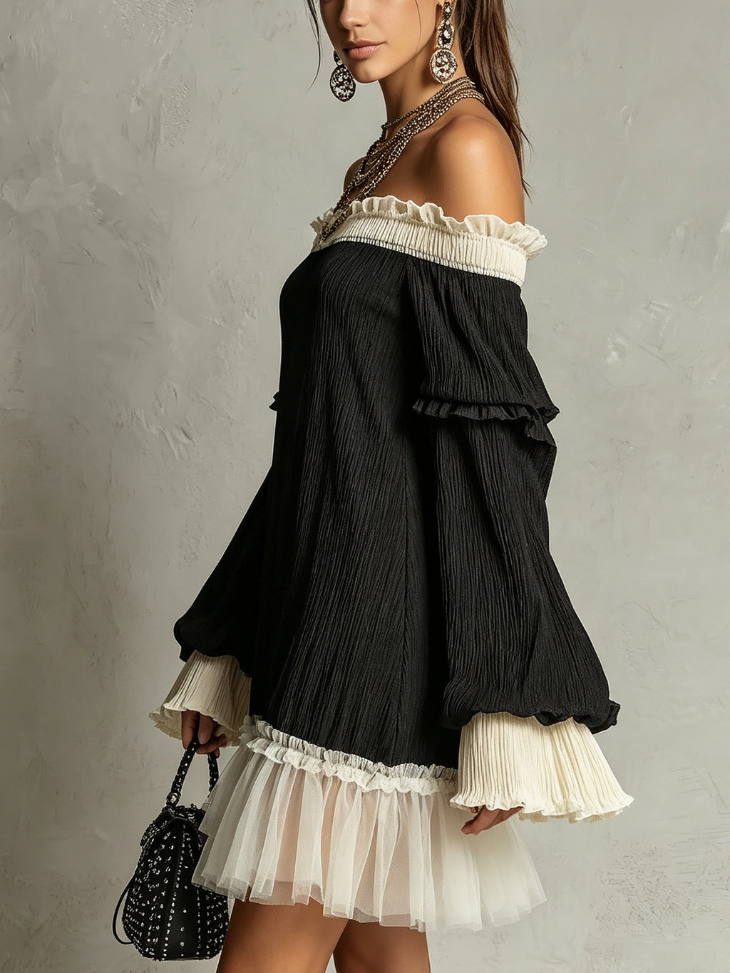 Off-Shoulder Black Ruffle Trim Mini Dress