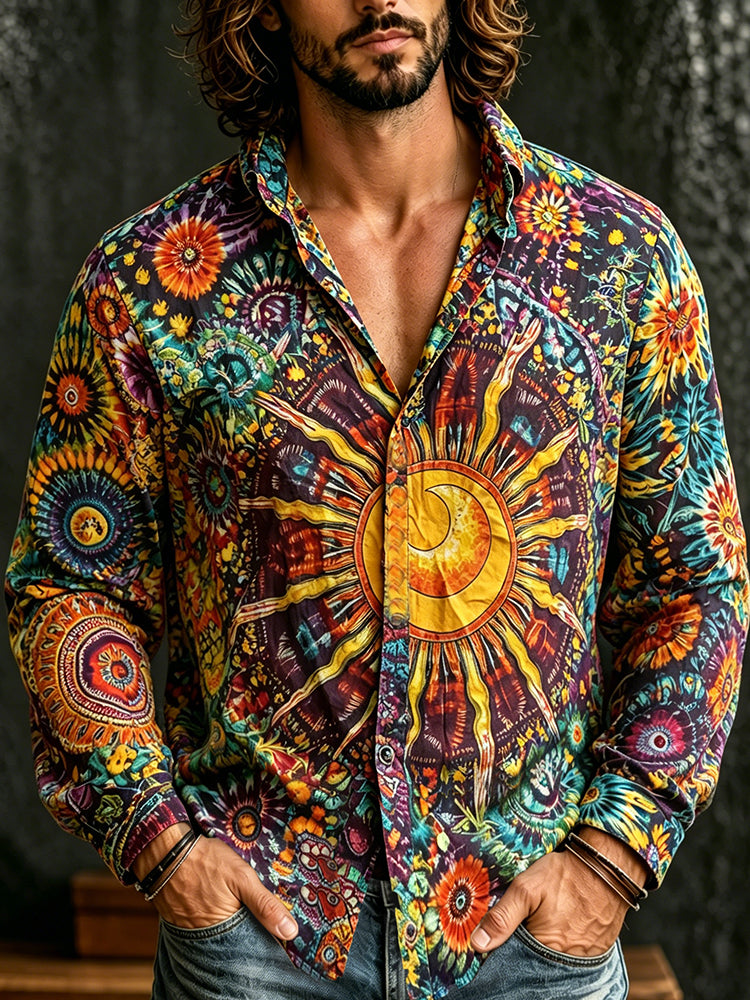 Men's Retro Sun And Moon Psychedelic Tie-dye Print Linen Blend Long Sleeve Shirt