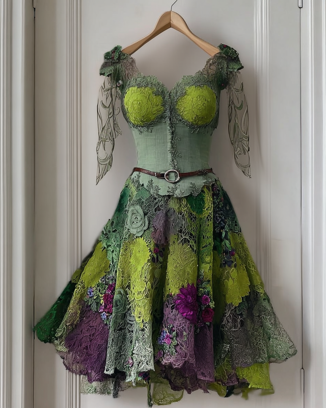 Elegant Green and Purple Lace Dress db07