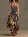 Mixed Cotton Oil Painting Print Halter Neck Front-ruched High-waist High-stretch Draping Wide-leg Jumpsuit