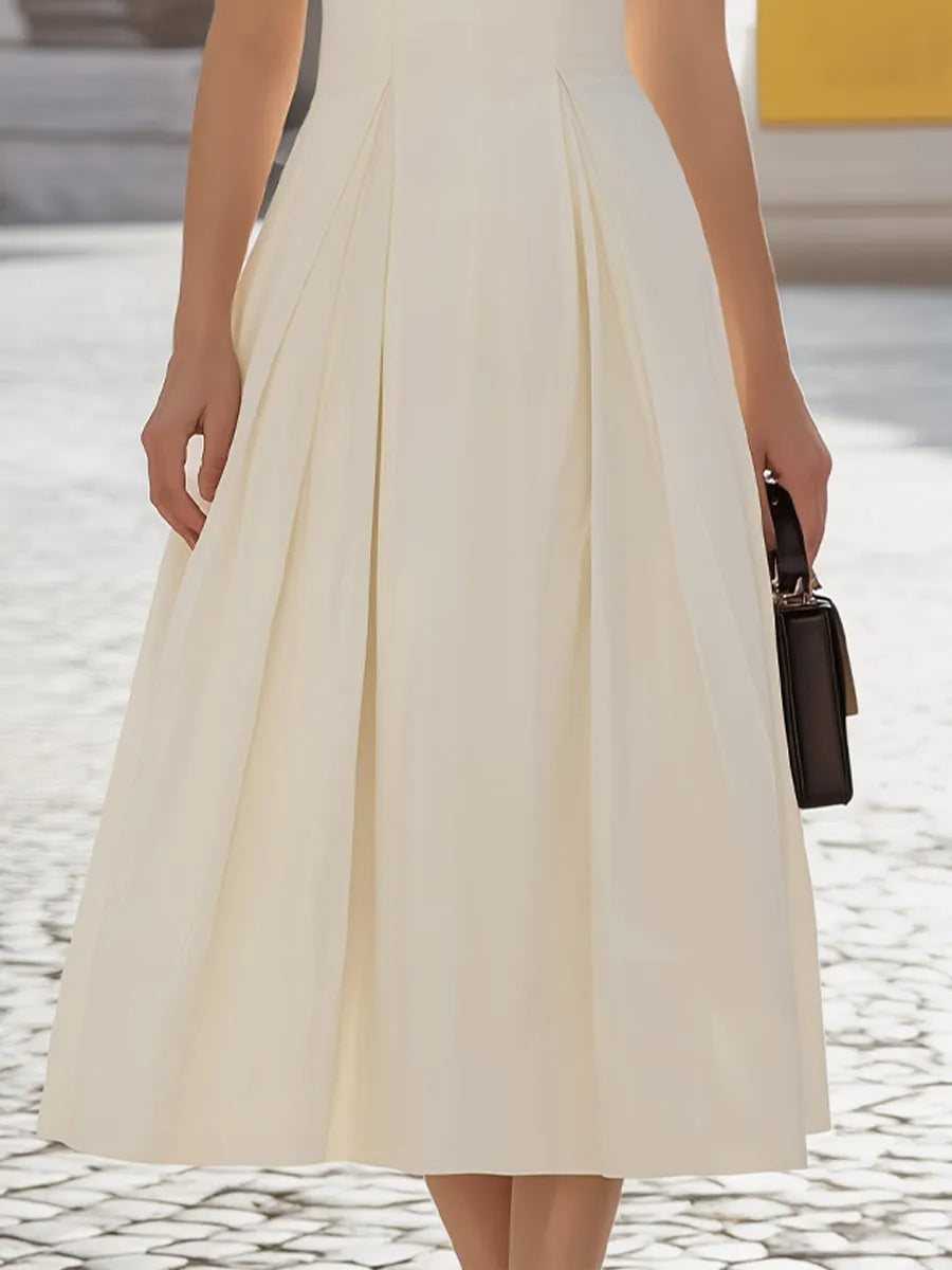 Notch-Neck Cap-Sleeve Pleated A-Line Midi Dress